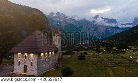 A Catholic Church In The Village Of Theth In Prokletije In The Acursed Mountains Of Albania. The Com