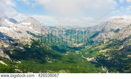 Scenic Paradisiac Landscape View Of Albanian Alps Mountains. Traveling, Exploring, Holiday Concept