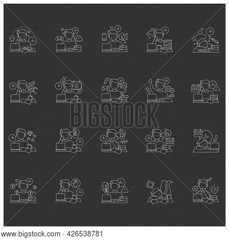 Procrastination Chalk Icons Set. Postpone Unpleasant Tasks For Later.delay. Lazy Person. Overwhelmed