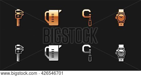 Set Calliper Or Caliper And Scale, Measuring Cup, Micrometer And Wrist Watch Icon. Vector