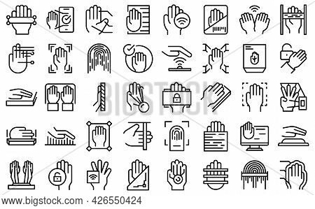 Palm Scanning Icons Set Outline Vector. Biometric Signature. Social Palm Scanning