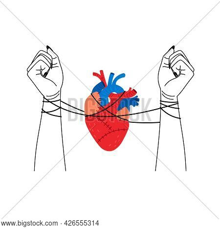 Bad Love. Tangled Relationships, Loving Woman Hands And Heart Connecting Illustration, Psychologist 