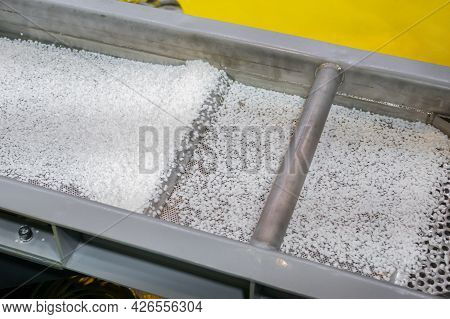 Recycled Plastic Granules - Propylene Or Polyethylene Pellets On Shale Shaker, Conveyor Belt Of Wast