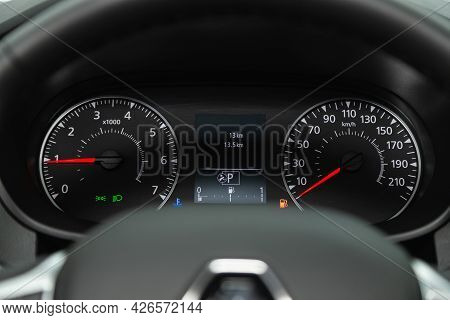 Novosibirsk, Russia - June 29, 2021: Renault Arkana,  Black Car Speedometer. Close Up Shot Of The Da