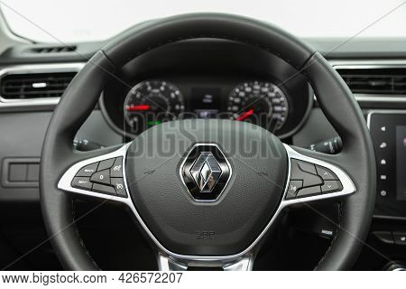 Novosibirsk, Russia - June 29, 2021: Renault Arkana, Auto Interior: Steering Wheel With  Logo    And
