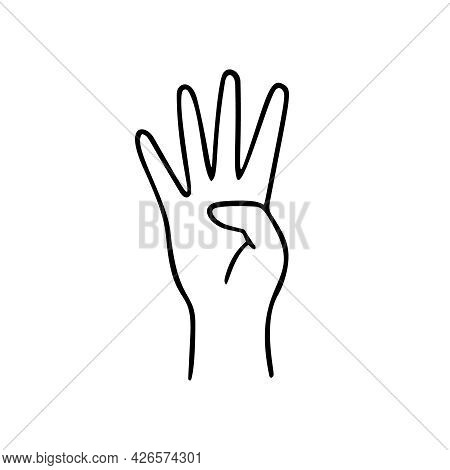 Hand With Four Fingers Splay Gesture Human Hand. Vector Doodle Illustration.