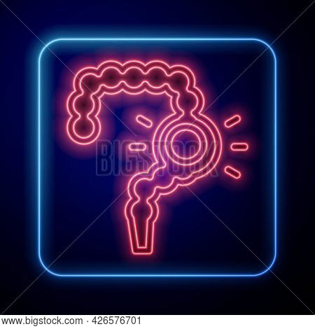 Glowing Neon Gut Constipation Icon Isolated On Blue Background. Bowel Problems. Vector