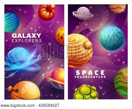 Galaxy And Space Colonization, Cartoon Planets And Stars Vector Posters. Alien Universe With Falling