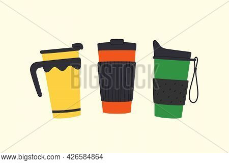 Set Of Tumblers With Cap And Handle. Reusable Cups And Thermo Mugs. Different Designs Of Thermos For