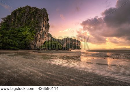 The Beautiful Scenery Of The Rajamangala Beach At Sunset Time With Twilight Sky At Trang Province, T