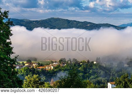 Foggy Morning View From The Hills Of San Capone To The Sibillini Mountains Park In Italy, Europe