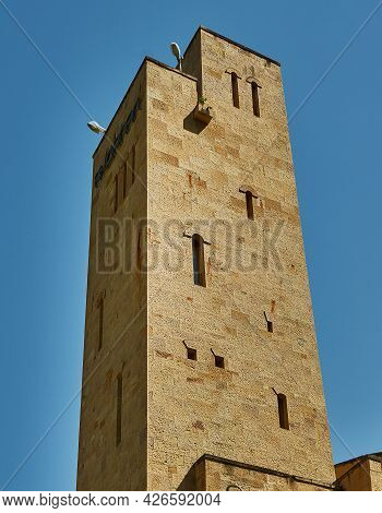 Andalal Military Tower, Big Mountain Formation In The Background. Dagestan, Russia