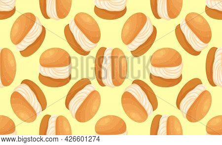 Traditional Swedish Sweet. Semla Seamless Pattern Vector Illustration In The Cartoon Style.