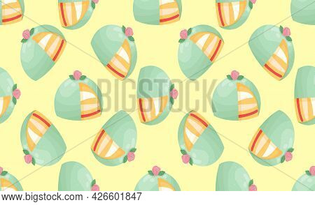 Seamless Pattern Green Marzipan Cake. Pink Marzipan Rose. Swedish Birthday Cake Prinsesstarta. Tradi