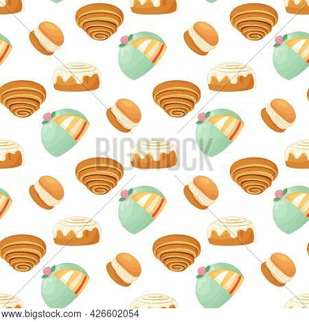 Seamless Pattern With Traditional Swedish Sweets. Kanelbulle Roll, Cinnamon Bun, Prinsesstarta, Seml