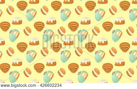 Seamless Pattern With Traditional Swedish Sweets. Kanelbulle Roll, Cinnamon Bun, Prinsesstarta, Seml
