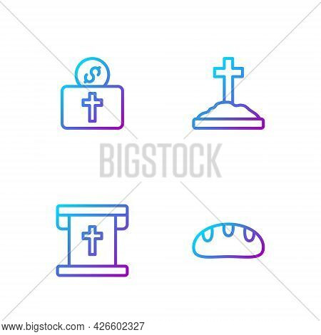 Set Line Bread Loaf, Flag With Christian Cross, Donation For Church And Grave. Gradient Color Icons.