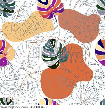 Monstera Pattern. Colorful Monstera Leaves In Trendy Style.