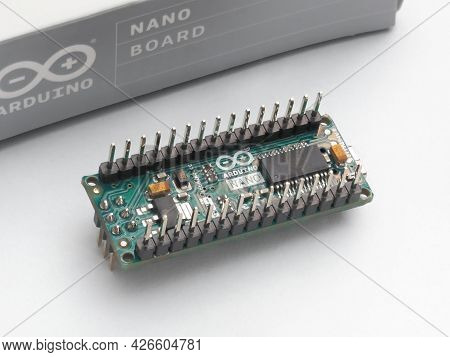 Galati, Romania - July 12, 2021: Original Arduino Nano Board For The Implementation Of Electronics A