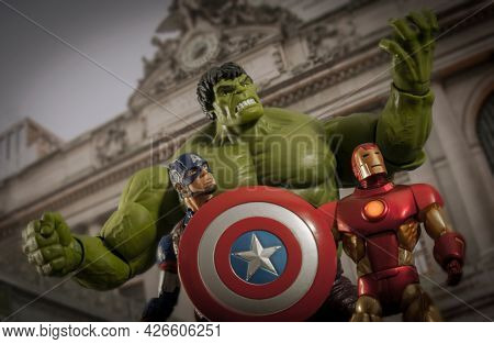 JUNE 12 2021: Scene from Marvel's The Avengers with the Hulk, Captain America and Iron Man - Hasbro action figure