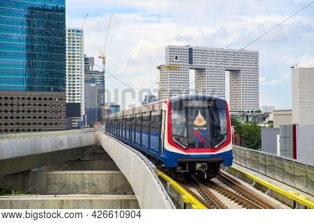 Bangkok-thailand Aug 21 2019: Bts Sky Train On Cityscape Background In Daytime , Sky Train Is A Mass
