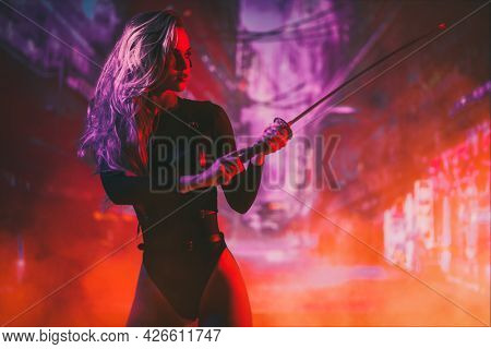 A beautiful and brave sci-fi cyborg samurai girl stands with a sword in her hands against the backdrop of the night city of the future. Game, virtual reality.