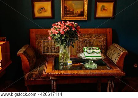 Velke Brezno, Czech Republic, 26 June 2021: Chateau Velke Brezno, Castle Interior, Sofa With A Tapes