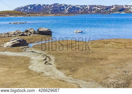 Amazing Vavatn Lake Panorama Rough Landscape Boulders Mountains Hemsedal Norway.