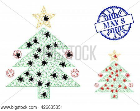 Mesh Polygonal Christmas Tree Icons Illustration With Infection Style, And Grunge Blue Round May 8 S