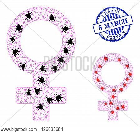 Mesh Polygonal Female Symbol Icons Illustration In Infection Style, And Rubber Blue Round 8 March St
