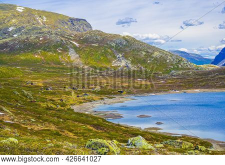 Amazing Vavatn Lake Panorama Rough Landscape Boulders Mountains Hemsedal Norway.