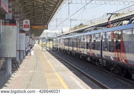 Russia, Moscow,  July, 13, 2021: Moscow Central Ring. Lastochka Electric Train  At The Shelepikha St