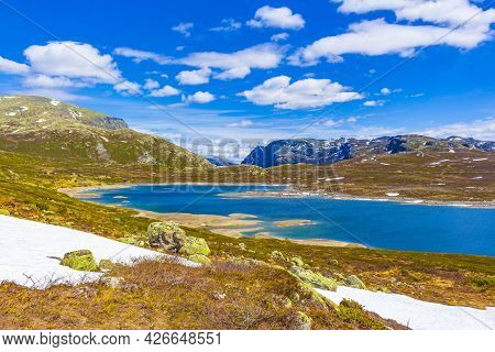 Amazing Vavatn Lake Panorama Rough Landscape Boulders Mountains Hemsedal Norway.