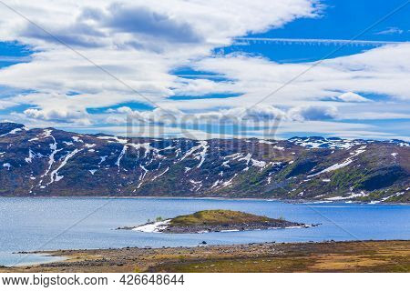 Amazing Vavatn Lake Panorama Rough Landscape Boulders Mountains Hemsedal Norway.
