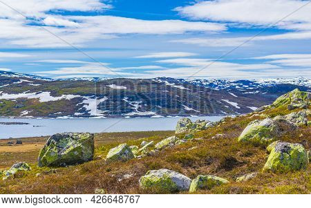 Amazing Vavatn Lake Panorama Rough Landscape Boulders Mountains Hemsedal Norway.