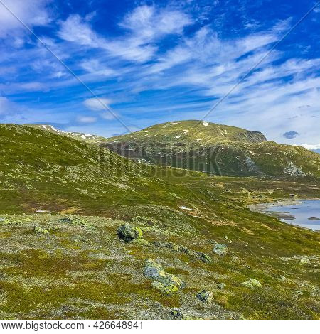 Amazing Vavatn Lake Panorama Rough Landscape Boulders Mountains Hemsedal Norway.
