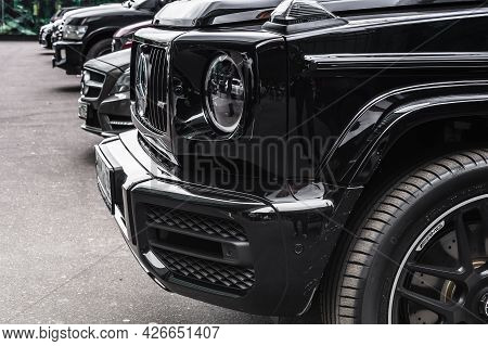 Moscow, Russia - June 2021: Part Of Black Suv Mercedes-benz G Class Gelandewagen Parked Next To Mosc