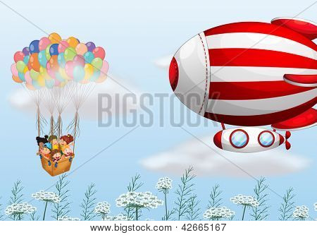 Ilustracja z balonów na ogrzane powietrze z dziećmi