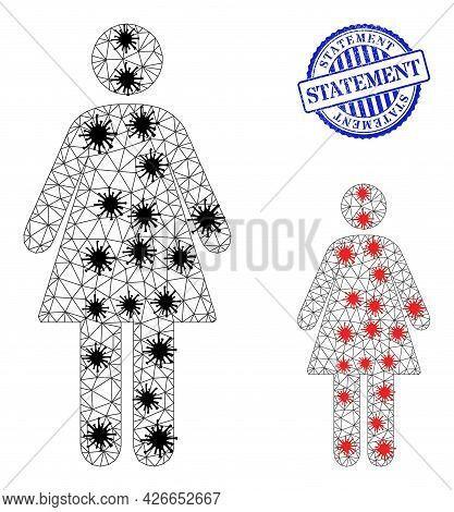 Mesh Polygonal Woman Icons Illustration In Outbreak Style, And Grunge Blue Round Statement Seal. Mod