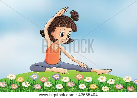 Ilustração de uma garota fazendo yoga no jardim