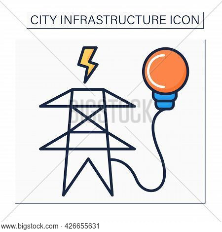 Electricity Supply Color Icon. Utility Pole Connected To Power Lines To Distribute Lower Voltage Pow