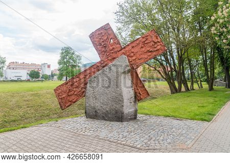 Lubin, Poland - June 1, 2021: Cross To Commemorate Michal Adamowicz From Lubin, Who Was Shot In The 
