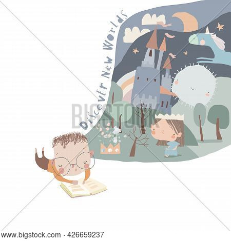 Cute Little Boy Reading Book And Dreaming