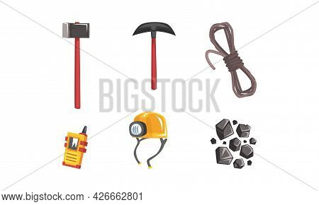 Coal And Ore Mining Industry With Pickaxe And Hammer Vector Set