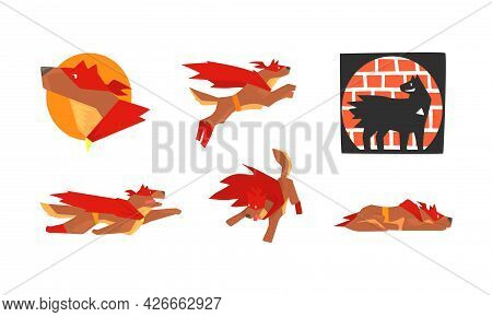 Muscular Brown Dog In Superhero Red Cloak As Guard Vector Set