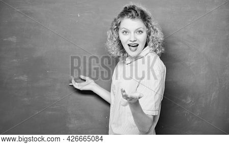 Good Teacher Master Of Simplification. Woman Teacher In Front Of Chalkboard. Teacher Explain Hard To