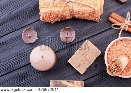 Top View Flat Lay Candle With Soap And Cinammon.