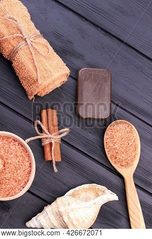 Top View Seashell With Cinammon And Soap.