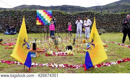 Chobshi, Azuay Province, Ecuador - June 21,2021: Celebration Inti Raymi At Chobshi Archeological Sit