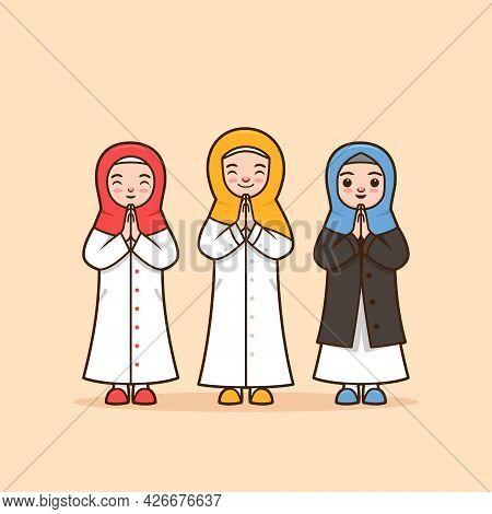 Set Female Muslim Character Illustration With Hijab Scarf Ramadhan Thanking, Greeting, Apologize, Fa